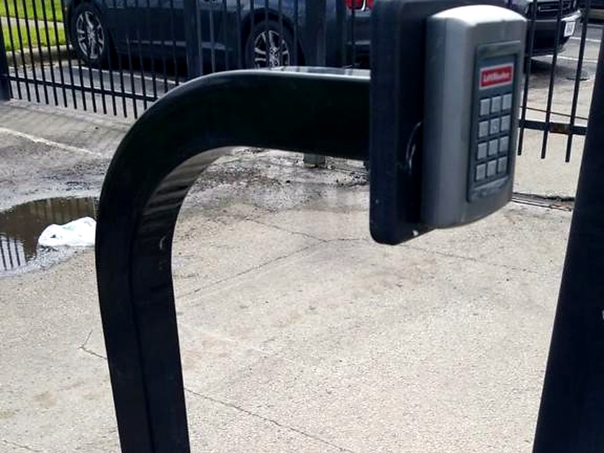 Gate entry keypad on a gooseneck post at a driveway